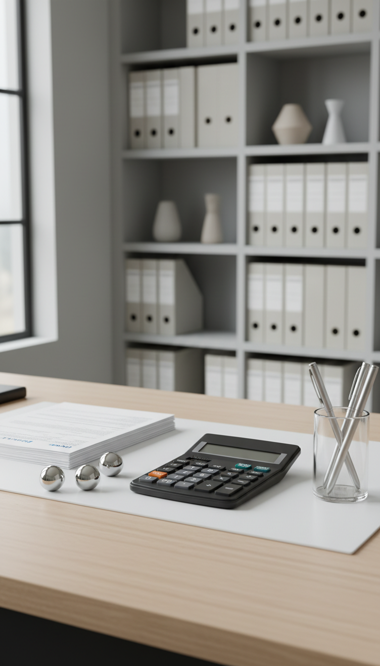 A sleek, matte black calculator with chrome detailing sits atop a meticulously organized desk featuring a stack of pristine white tax documents, elegant silver paperweights, and a minimalist glass pen holder. The scene is framed by a backdrop of perfectly aligned shelving filled with neutral-toned binders and subtle decor accents. Diffused daylight streams in from a large window to the side, creating gentle highlights on the calculator and soft, balanced shadows across the workspace. Captured from an eye-level perspective with shallow depth of field, the composition emphasizes professional order and clarity. The mood is calm, precise, and corporate, reflecting photographic realism and a clean, structured aesthetic suitable for a CPA website.